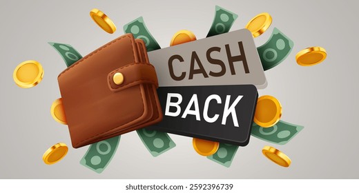 Cashback label with coins, banknotes and wallet. Cashback or money back label. Vector illustration