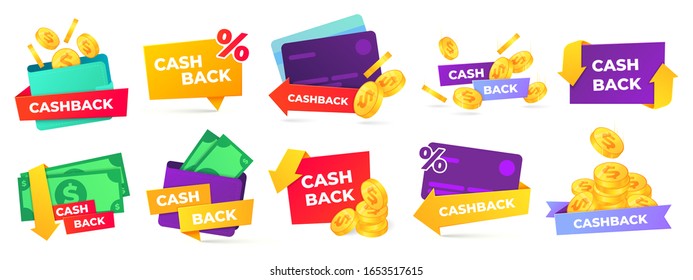 Cashback label. Money refund badges, cash back deal and return coins from purchases and payment vector labels set. shopping discount promotion stickers with golden coins, wallet and percent sign