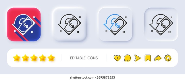 Ícone da linha de cashback. Neumórfico, sombra plana, botões 3d. Enviar ou receber sinal de dinheiro. Ícone de reembolso de linha. Ícones de mídia social. Vetor