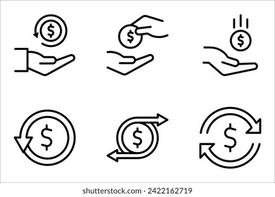 Juego de iconos de línea de devolución de efectivo, devolución de dinero, Enviar o recibir el signo de dinero. ilustración vectorial sobre fondo blanco
