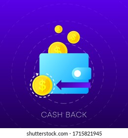 Cashback logo coins and arrow on browser window and gradient background. Vector illustration.