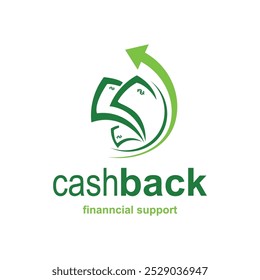 Design de vetor de logotipo de cashback. Modelo de logotipo Money. Ícone de negócios e finanças. Dinheiro com seta para cima. Moeda. Apoio financeiro.