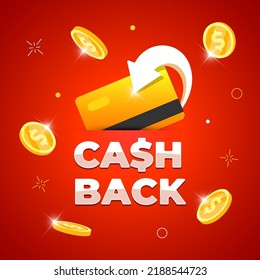 Cashback loyalty program banner concept. Cash back service promo sign with returned gold coins on credit bank card. Money or bonus refund advertising. Financial payment badge on red background. Vector