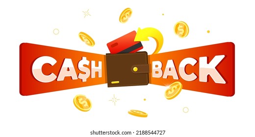 Cashback loyalty program banner concept. Cash back service promo sign with returned gold coins on credit card in wallet. Money or bonus refund advertising. Financial payment badge. Vector illustration