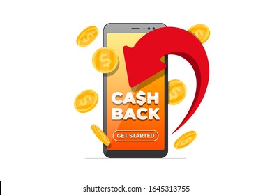 Cashback loyalty program concept. Arrow returned gold coins and cash back iscription on smartphone screen. Refund money service app. Mobile banking bonus transaction application vector illustration