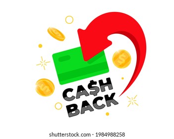 Cashback loyalty program concept. Credit or debit green card with returned coins to bank account. Refund money service design. Bonus cash back symbol vector illustration