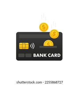 Concepto del programa de fidelización de Cashback. Tarjeta de crédito o débito con monedas devueltas a la cuenta bancaria. Reembolso del diseño del servicio de dinero. Devolución de bonos. Ilustración del vector
