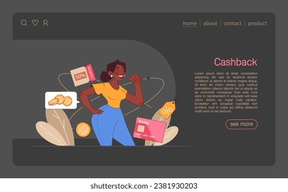 Cashback loyalty program web banner or landing page dark or night mode. Client retention with financial compensation for purchases. Commercial program for client retention. Flat vector illustration