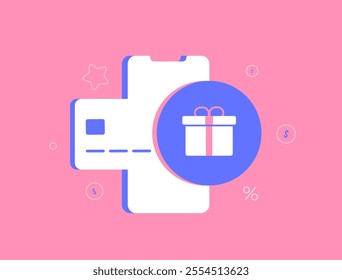 Cashback and loyalty programs. Smartphone visuals with rewards points and customer discounts. Modern e-commerce cashback reward program vector illustration for increased sales and brand loyalty