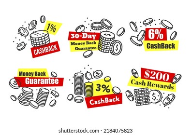 Cashback money back guarantee line coins promo badge set isometric vector illustration. Savings financial warranty sticker business cash refund. Finance payment return fast earning receive