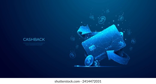 Cashback, Money Exchange concept. Abstract credit bank card, coin, return arrows in light blue futuristic monochrome style on technology background. Transfer money back. Low Poly vector illustration.