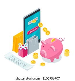 Cashback money, online service concept. Vector isometric 3d illustration. Icons for cash back, commerce or transfer payments mobile apps.