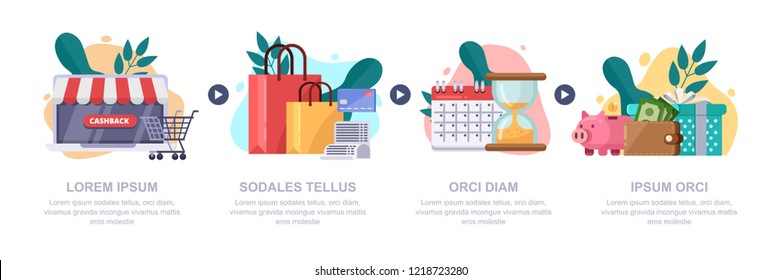 Cashback money, online service concept. Vector infographics template. Cash back rewards, gift and loyalty flat style illustration.