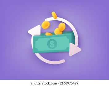 Cashback money refund icon concept.  Wallet with coins and money. 3D Web Vector Illustrations.