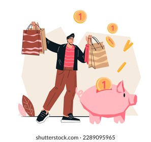 Cashback or money refund and savings on purchases concept. Buyer receiving cashback for shopping with discount or reward program, flat vector illustration isolated on white background.