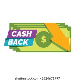 Conceito de reembolso de dinheiro de cashback com seta caindo e sinal de dólar na nota