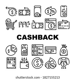 Cashback Money Service Collection Icons Set Vector. Cashback On Credit Card After Purchase And Game Buy, Bag With Cash And Wallet Black Contour Illustrations