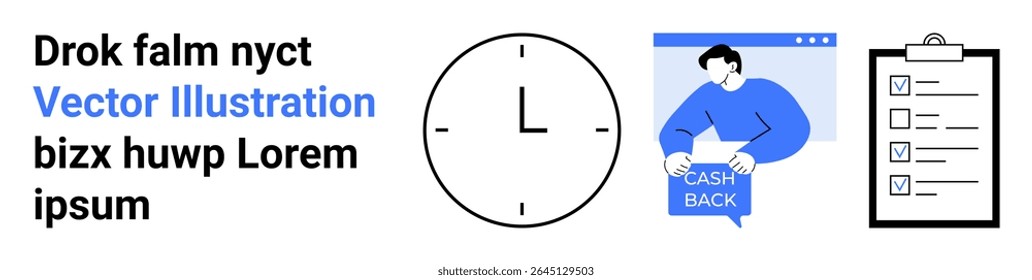 Cashback offer portrayed with a clock, a man presenting cash back, and an online form checklist. Ideal for marketing campaigns, time management, promotions, financial services, productivity tools