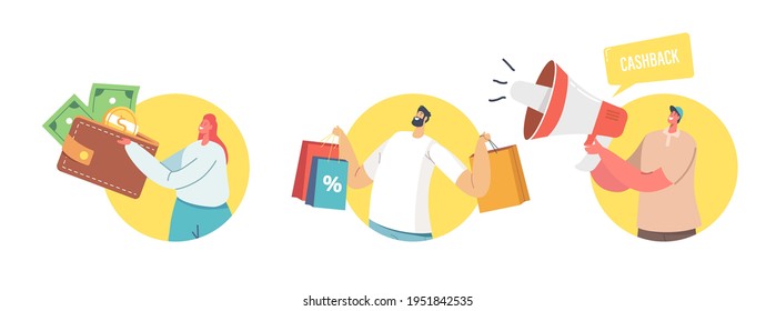 Cashback Offer, Total Sale and Festive Discount Concept. Shopper Characters Holding Wallet with Money, Bags, Salesman with Megaphone. Shopping Recreation, Cash Back Promo. Cartoon Vector Illustration