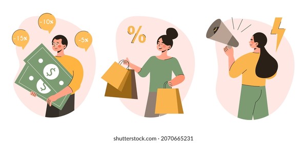 Cashback Offer, Total Sale and Festive Discount. Characters return money, make purchases online and attract new customers. Advertising of stores. Cartoon flat vector set isolated on white background