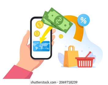 Cashback and payment of purchase. Money is instantly returned to the customer on online credit card. Hand holds the phone, the money is returned to the buyer. Internet marketing concept, vector illust