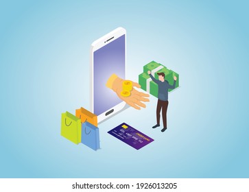 cashback program on e-commerce transaction with modern isometric style