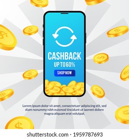 cashback promotion for e commerce site with 3d phone and dollar golden coin illustration concept for banner flyer poster