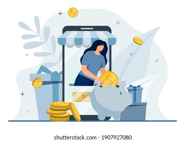 Cashback for purchase design concept.Cash flow.Piggy bank with coins.Online payment.Happy customer getting cash rewards from online shopping. Family budget planning.Save money.Bonus, loyalty program.