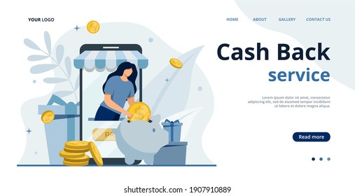 Cashback for purchase vector illustration.Earn money.Piggy bank with coins.Save money concept.Family budget planning.Happy Client get cash rewards from online shopping.Money refund.Currency exchange