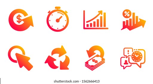 Cashback, Recycle and Dollar exchange line icons set. Loan percent, Timer and Graph chart signs. Click here, Time management symbols. Financial transfer, Recycling waste. Technology set. Vector