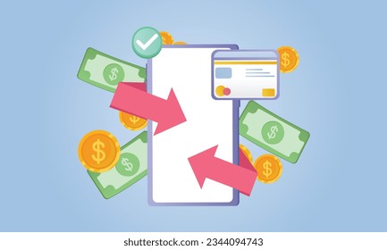 Cashback and refund icons. Banknotes, credit cards and coins stack with smartphone, online payment.on blue background.Vector Design Illustration.