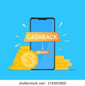 Cashback Refund Money Concept Smartphone with the get now button on a light blue background Around gold coins. Reward Marketing technologies Suitable for banner, web, printing Flat Vector Illustration