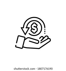 Cashback, return money, cash back rebate line icon. Salary exchange, hand holding dollar. Financial investment symbol. Vector on isolated white background. EPS 10