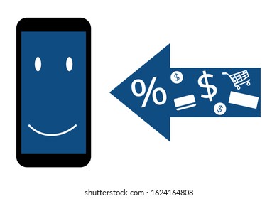 Cashback is returned to the phone. Arrow in which percent, dollar, purchases, money, supermarket cart are isolated on a white background. Vector stock illustration.