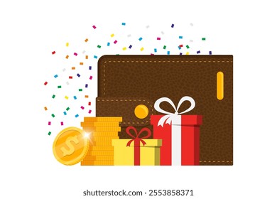 Cashback reward program advertising idea. Coins flowing back into wallet. Promo initiative to collect points and boost savings. Represents earning and saving with loyalty perks. Isolated illustration