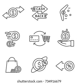 Cashback reward program icon set. Encourage for purchase. Isolated vector Illustration in linear design. Line with editable stroke