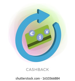 Cashback reward program and money refund flat vector concept. Saving money icon with big returning arrow and dollar, euro and yuan coins droping into credit bank card isolated on white background