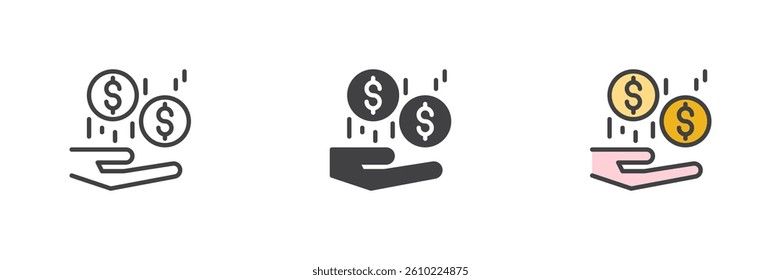 Cashback or Rewards different style icon set. Line, glyph and filled outline colorful version, outline and filled vector sign. Open hand receiving falling coins symbol, logo illustration