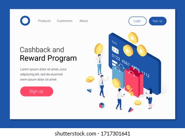 Cashback, Rewards And Loyalty Program Isometric Concept. Small People Get Cashback On Credit Card. Landing Page Template. Trendy Flat 3d Isometric Style. Vector Illustration.