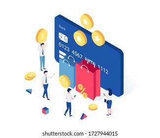 Cashback, rewards and loyalty program isometric concept. Small people get cashback on credit card. Trendy flat 3d isometric style. Vector illustration.