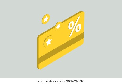 Cashback and Rewards money refund program isometric concept. Loyalty program and retail customer money refund service. Yellow credit discount bank card with bonus icons vector concept illustration