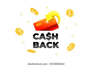 Cashback rewards program banner concept. Refund service promotion featuring gold coins returning to credit card. Bonus money advertising symbol. Financial payment emblem on white backdrop