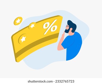 Concepto de programa de reembolso y recompensas. Servicio de fidelidad y reembolso de dinero. Carácter masculino mirando la tarjeta de crédito del banco amarillo con los iconos de los bonos del cashback
