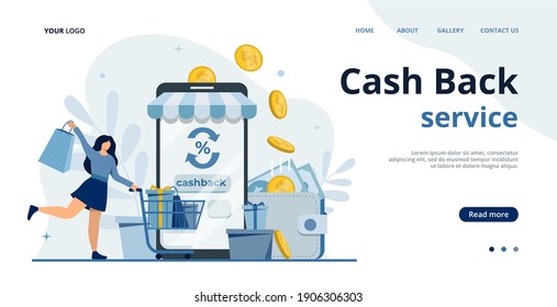 Cashback and saving money concept with coins.Money refund.Online cash back for purchase service vector illustration.Bonus card.Ecommerce business.Shopping online.Loyalty reward points. Happy buyers