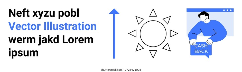 Cashback, economia, e-commerce, programas de incentivo, compras on-line, crescimento financeiro. Design minimalista de uma mensagem de cashback, ícone do sol e seta para cima. Conceito de promoção de reembolso e poupança
