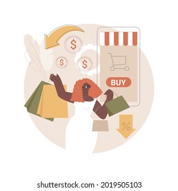 Cashback service abstract concept vector illustration. Online cashback extension, score your extra cash rebate, cash-back service rates, reduce cost shopping online at check out abstract metaphor.