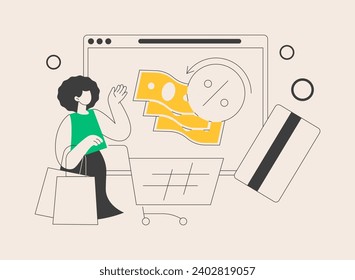 Cashback service abstract concept vector illustration. Online cashback extension, score your extra cash rebate, cash-back service rates, reduce cost shopping online at check out abstract metaphor.