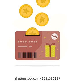 Cashback service. Bonus coins falls into loyalty card. Refund to plastic card. Payment of interest on deposit, profit on bank deposit. Reward for using shopping bonus card. flat vector illustration