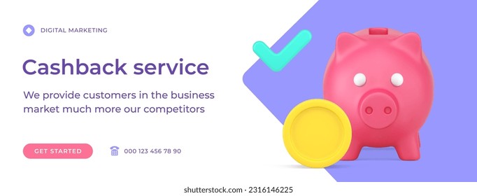 Cashback service commercial banking money refund for shopping social media banner template 3d icon vector illustration. Retail bonus cash back warranty for buying purchase commerce prize guarantee