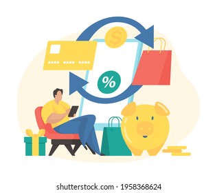 Cashback service concept flat vector illustration. Male cartoon character paying for purchases and getting money refund online. Cashback reward program